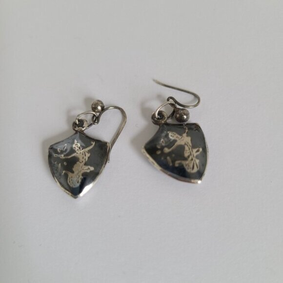 Vintage Boho Native Nielloware Sterling Silver Tribal Drop Dangle Earrings - Picture 8 of 11